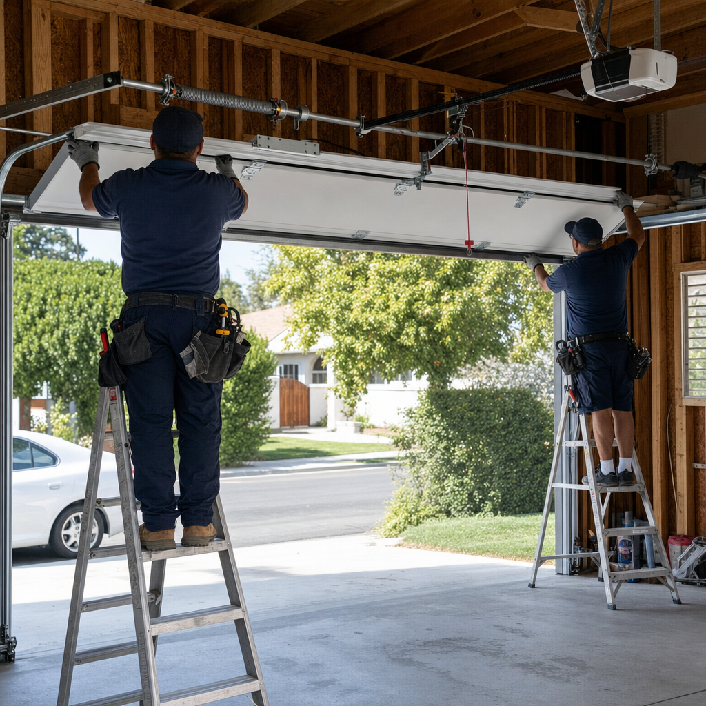 Professional garage door installation by technicians on ladders