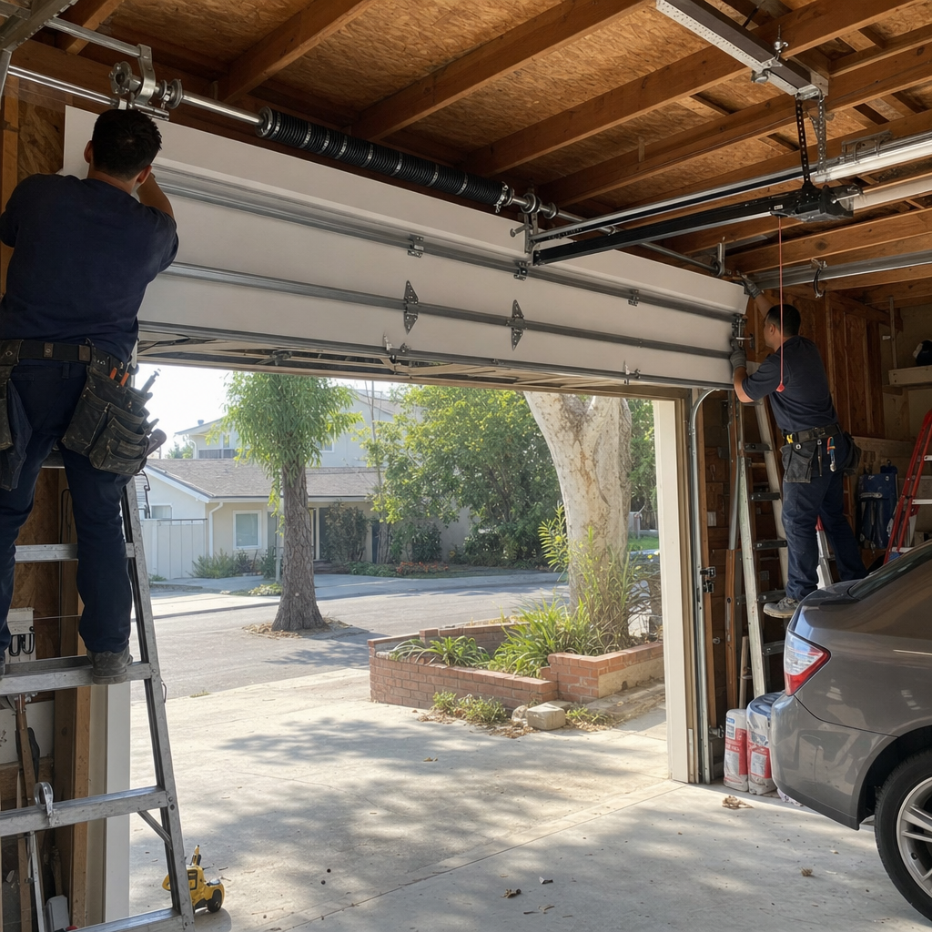 Garage door installation with two professionals working