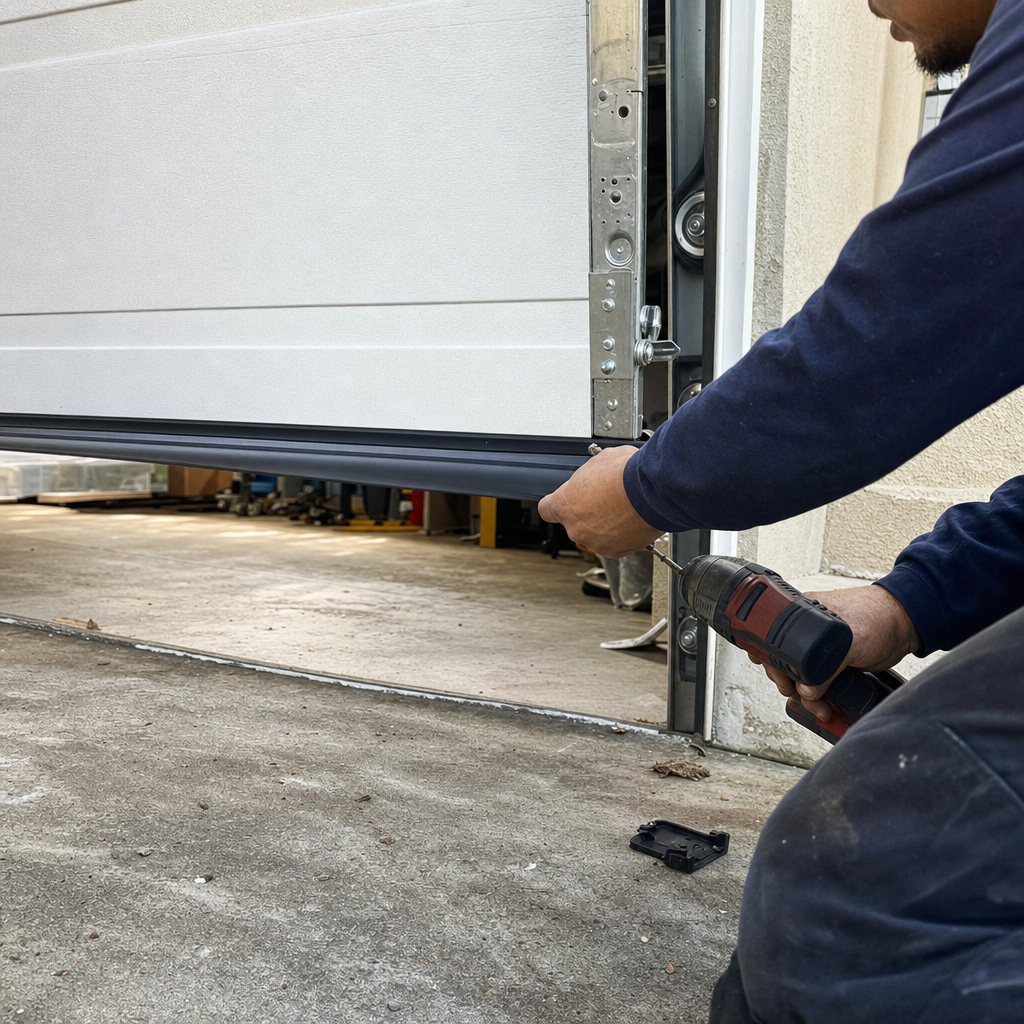 Technician installs garage door bottom seal with drill