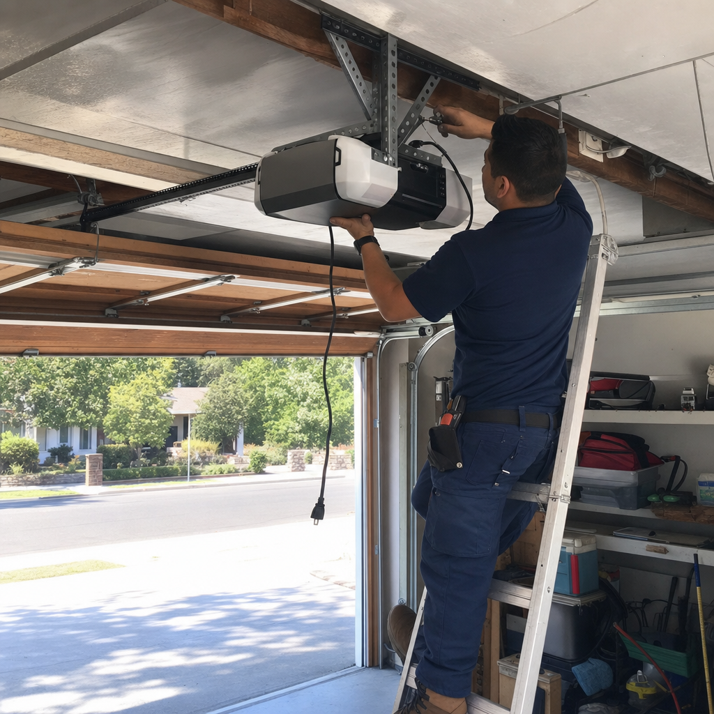 Garage door opener installation by a professional on a ladder
