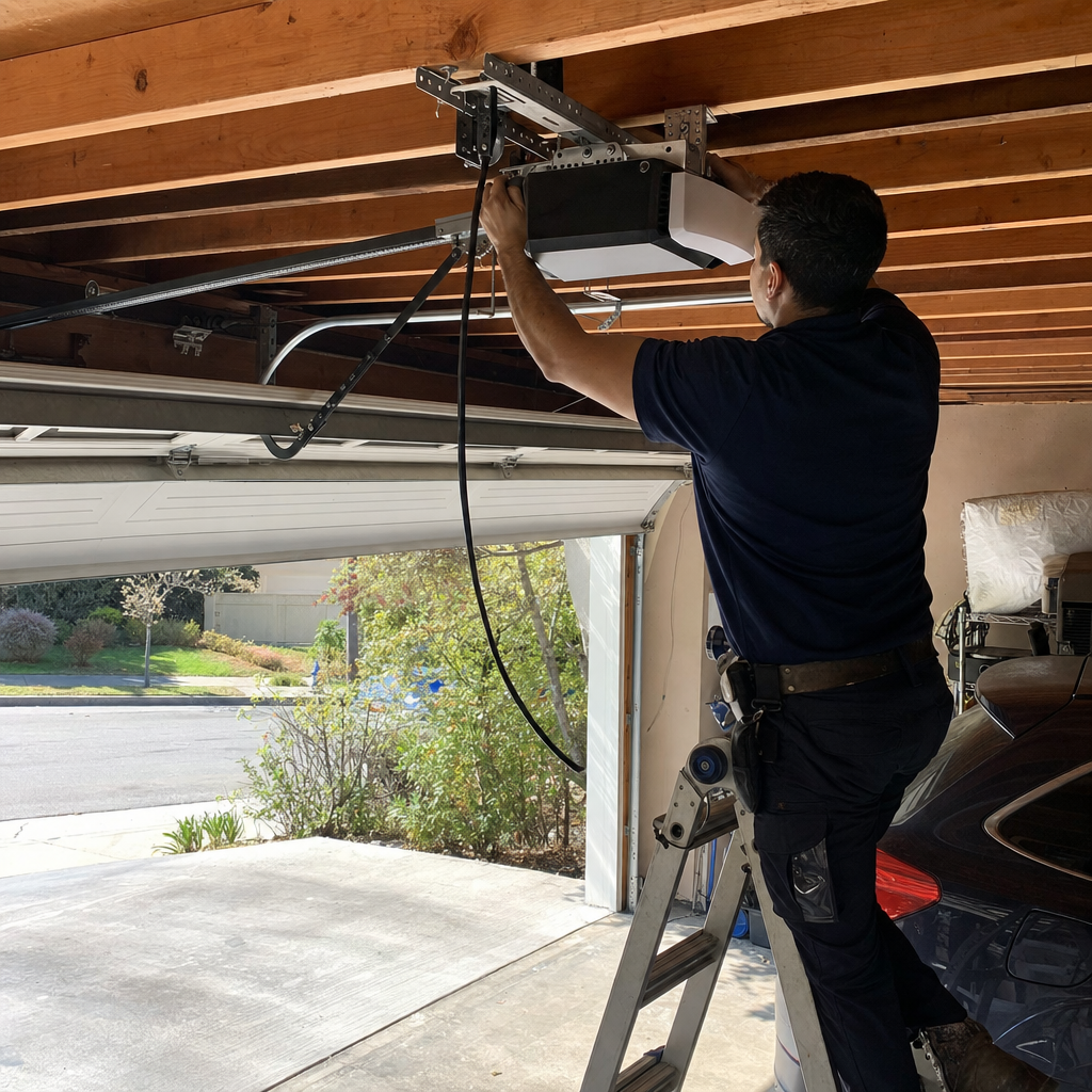 Technician installing garage door opener