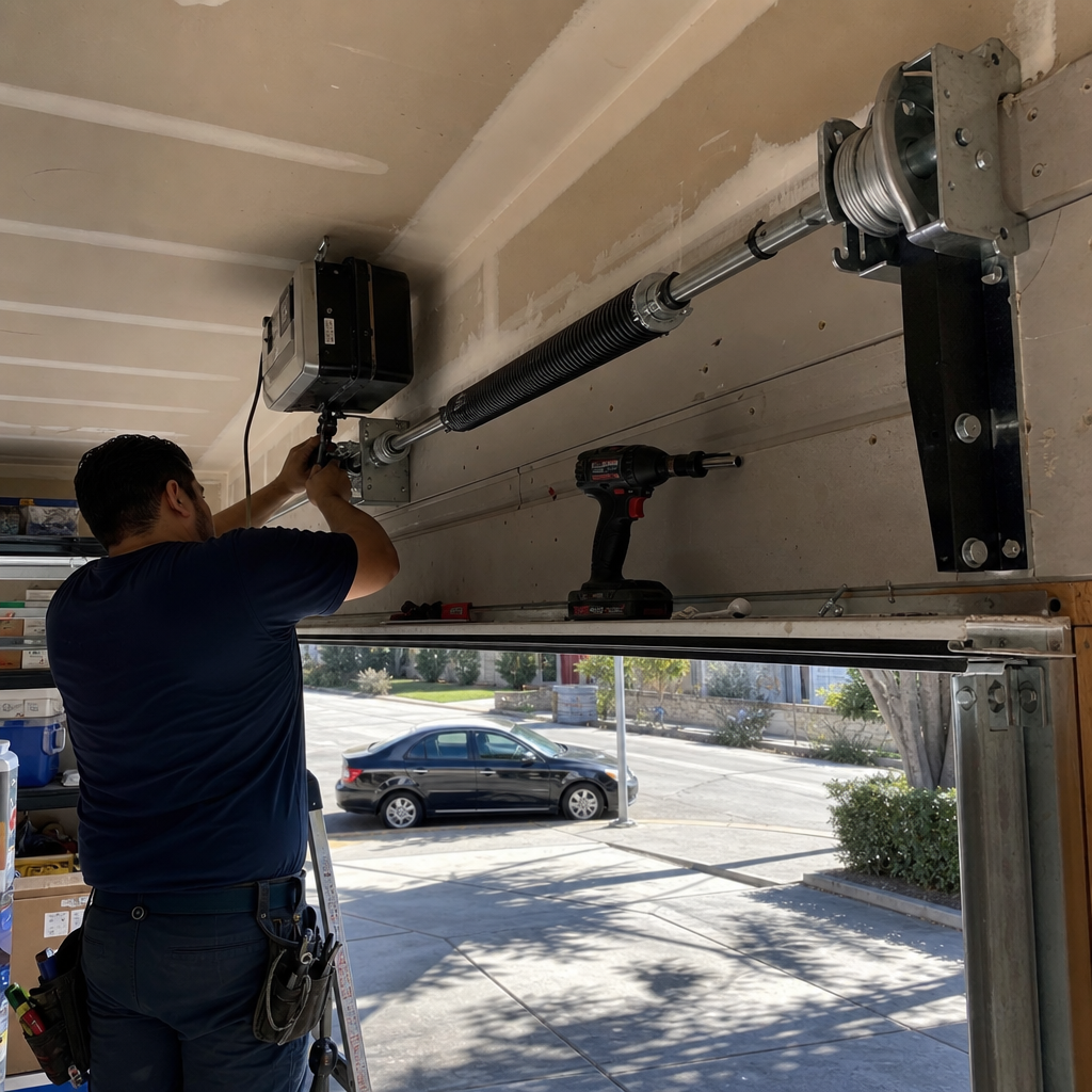 Technician installing garage door opener