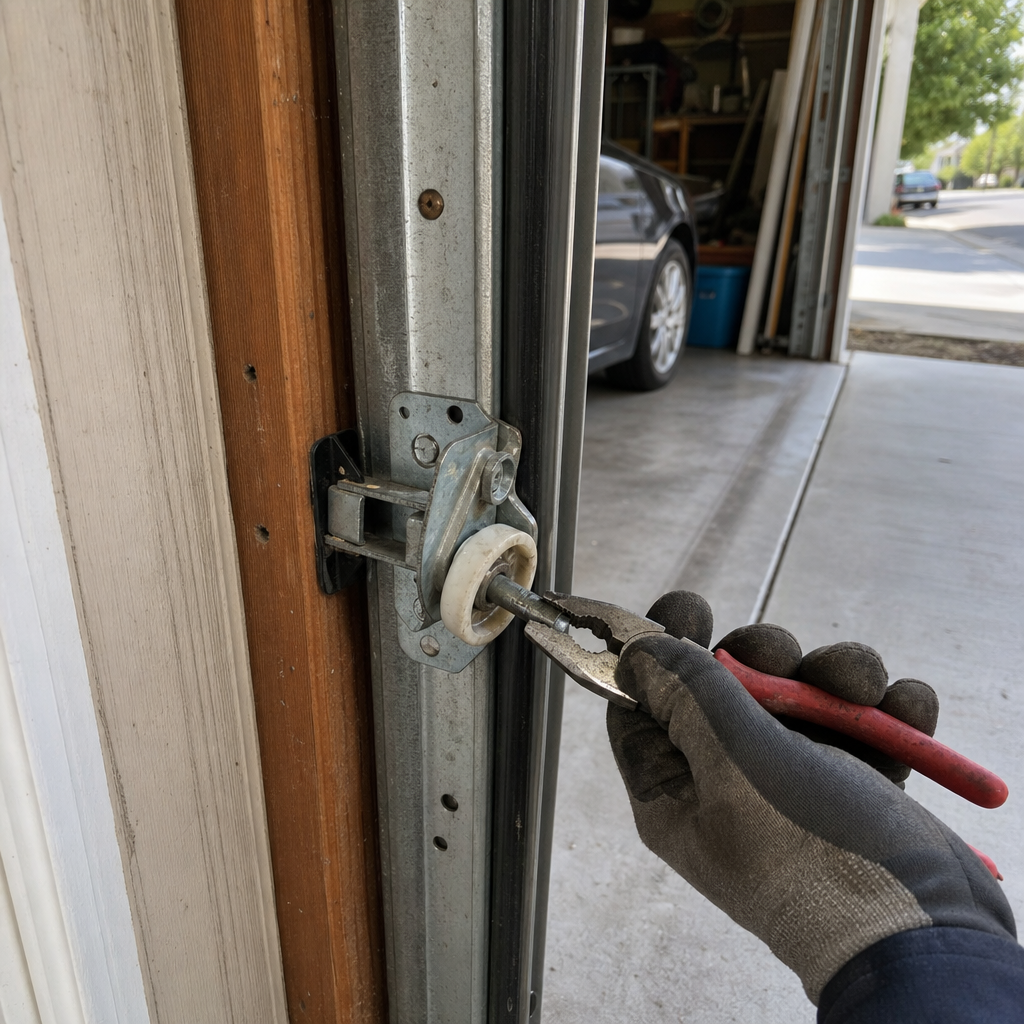 Garage door repair worker adjusts roller on track with pliers