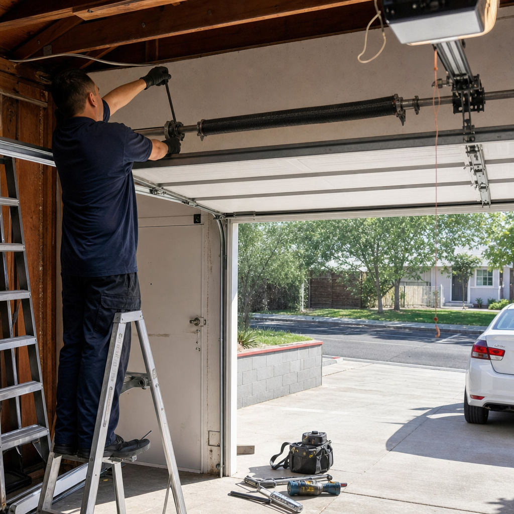 Garage door repair technician working on a spring
