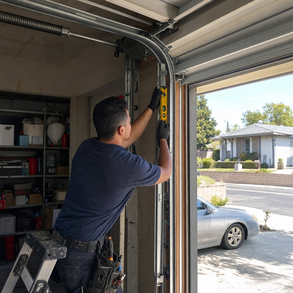 Garage door technician calibrates door track with a level tool