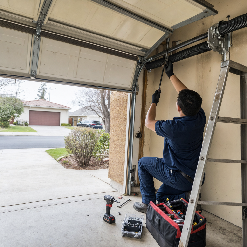 Garage door repair technician fixing spring system on a ladder in Pasadena, CA