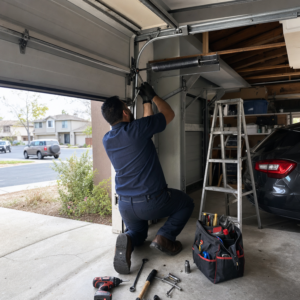 Garage door repair technician working on emergency garage door repair with tools in Arcadia, CA