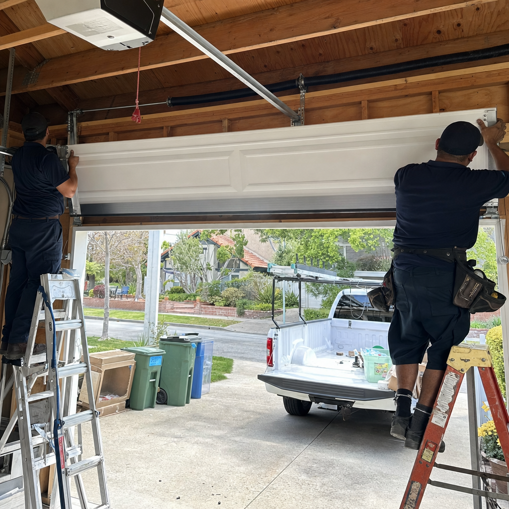 Garage door installation by professionals on ladders. in Pasadena, CA
