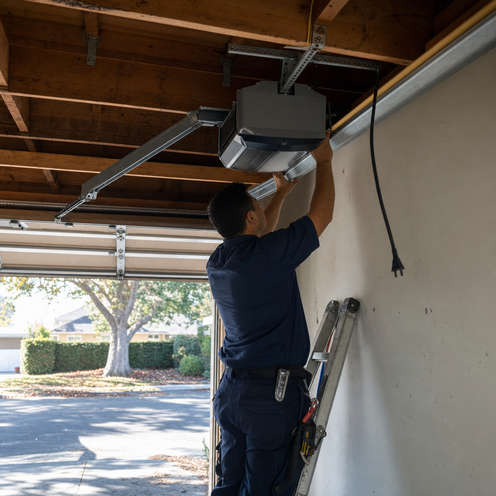 Technician installs garage door opener on ladder in Pasadena, CA