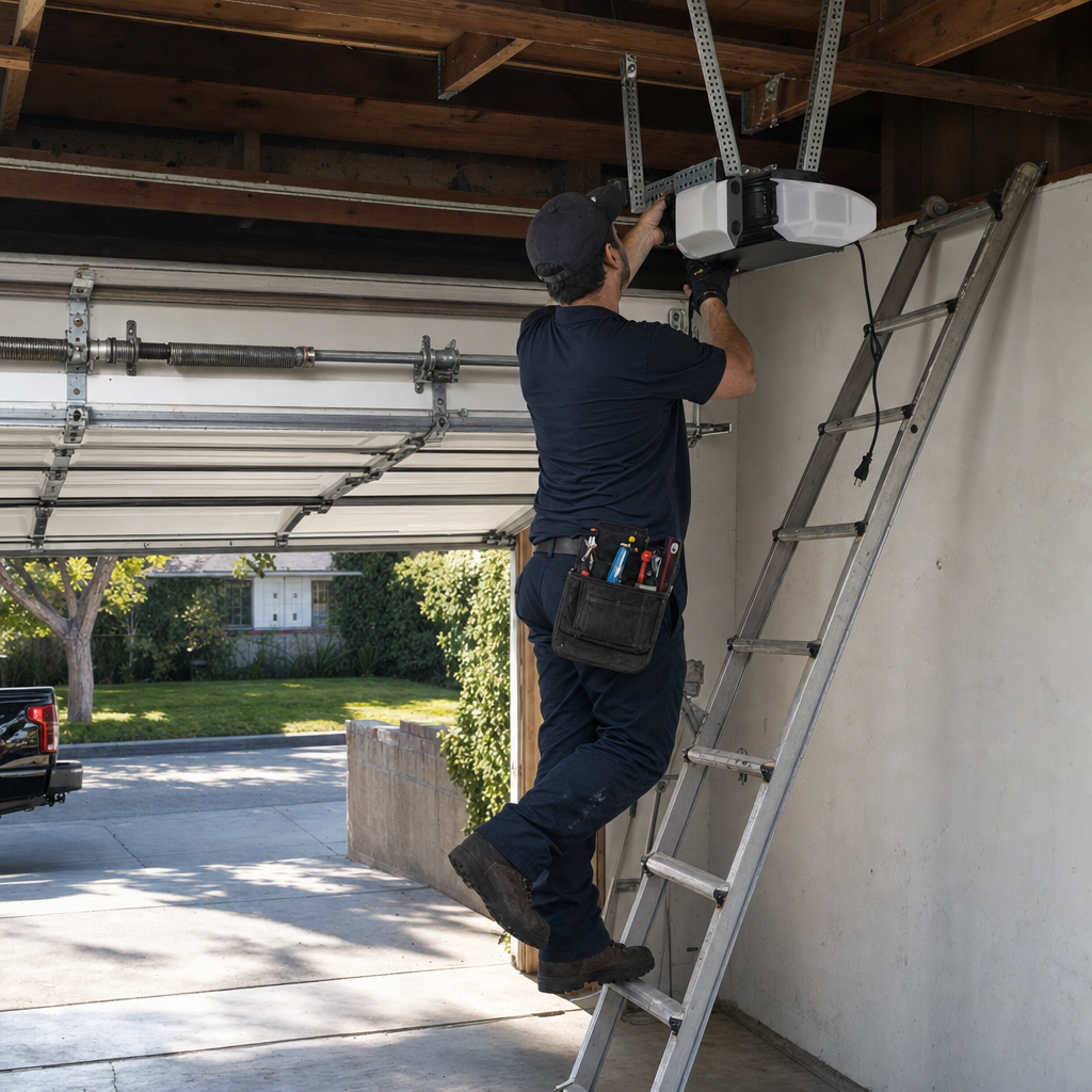 Technician installs garage door opener on ladder in Pasadena, CA