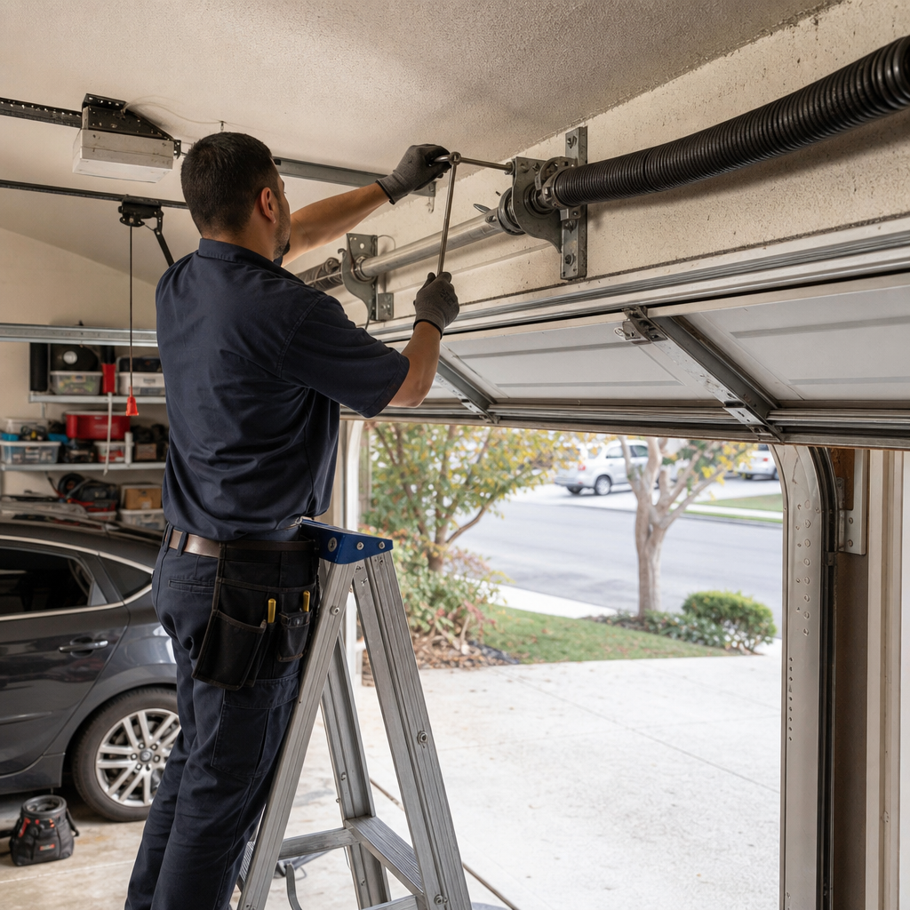 Technician repairs garage door spring with tools on a ladder in Pasadena, CA