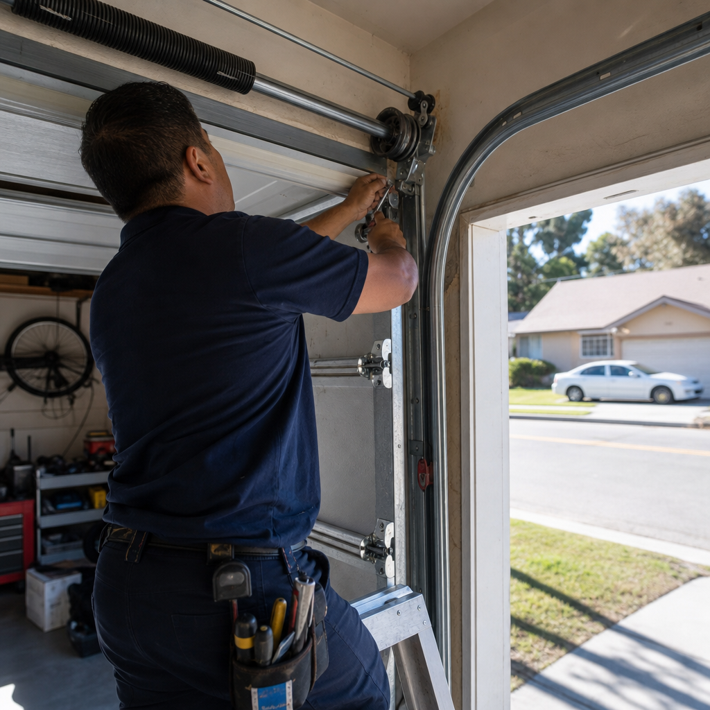 Garage door technician performing parts service. in Pasadena, CA