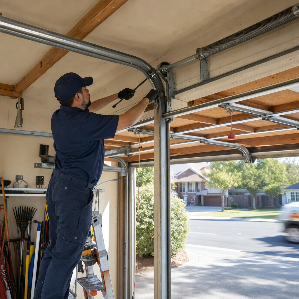 Garage door technician installing or repairing torsion spring in Pasadena, CA