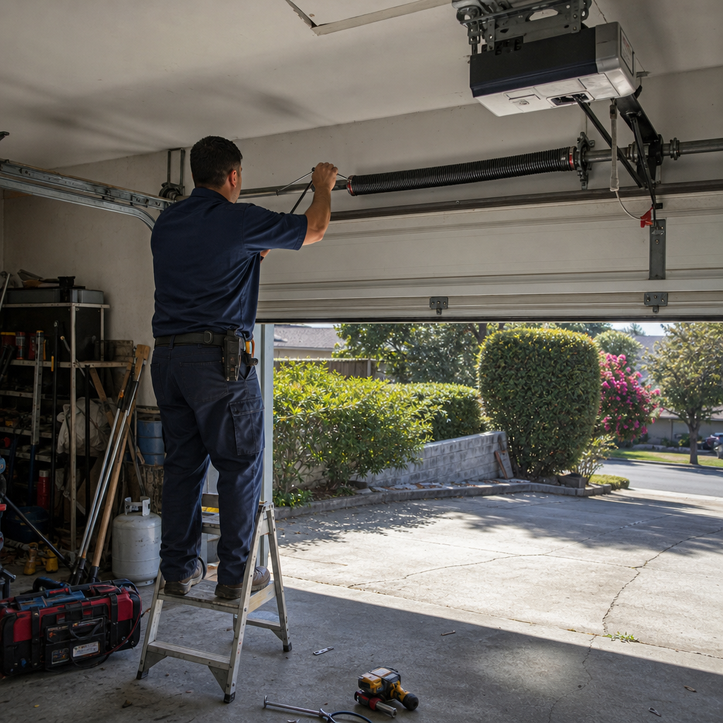 Garage door repair technician working on torsion spring in Pasadena, CA
